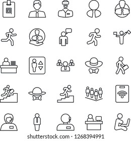Thin Line Icon Set - dispatcher vector, elevator, manager, speaking man, team, place, run, doctor, support, client, identity card, desk, career ladder, estate agent, dress code, pass, with notebook