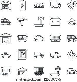 Thin Line Icon Set - dispatcher vector, taxi, airport bus, parking, alarm car, ambulance, route, railroad, truck trailer, delivery, heavy scales, garage, gate control, battery