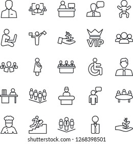 Thin Line Icon Set - dispatcher vector, vip, baby, reception, speaking man, team, meeting, manager place, disabled, pregnancy, speaker, user, hr, desk, career ladder, company, estate agent, waiter