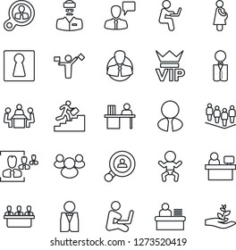 Thin Line Icon Set - dispatcher vector, female, vip, baby, speaking man, team, manager place, doctor, pregnancy, client, group, hr, desk, meeting, career ladder, search, estate agent, waiter