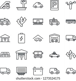 Thin Line Icon Set - dispatcher vector, taxi, airport bus, parking, alarm car, ladder, ambulance, route, truck trailer, delivery, heavy scales, railroad, garage, gate control, battery