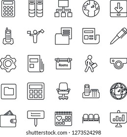 Thin Line Icon Set - dispatcher vector, waiting area, book, pen, plant label, medical calendar, earth, office phone, folder document, settings, calculator, download, news, manager, rooms, web camera