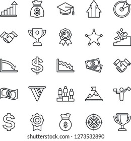 Thin Line Icon Set - dispatcher vector, growth statistic, dollar sign, pedestal, medal, graduate, money bag, cash, sertificate, target, handshake, career ladder, police, arrow up graph, motivation