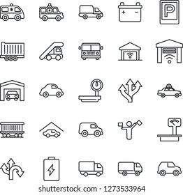 Thin Line Icon Set - dispatcher vector, airport bus, parking, alarm car, ladder, ambulance, route, railroad, truck trailer, delivery, heavy scales, garage, gate control, battery
