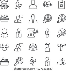 Thin Line Icon Set - dispatcher vector, vip, speaking man, meeting, speaker, group, user, identity card, hr, manager desk, company, client search, estate agent, waiter, cook, consumer, with notebook