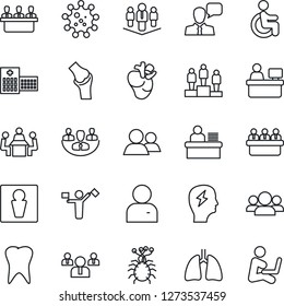 Thin Line Icon Set - dispatcher vector, male, pedestal, team, brainstorm, meeting, manager place, disabled, lungs, real heart, tooth, joint, hospital, virus, speaker, group, user, company, desk