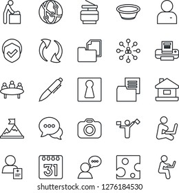 Thin Line Icon Set - dispatcher vector, female, baby room, hierarchy, pen, meeting, patient, folder document, shield, camera, network, dialog, speaker, update, user, calendar, printer, copier, house