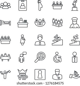 Thin Line Icon Set - dispatcher vector, female, vip, bed, speaking man, pedestal, team, meeting, disabled, doctor, pregnancy, company, identity card, manager desk, career ladder, estate agent, cook