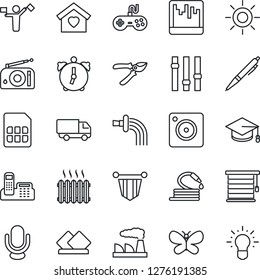 Thin Line Icon Set - dispatcher vector, pennant, graduate, factory, watering, pruner, butterfly, sun, hose, car delivery, radio, gamepad, settings, microphone, mobile camera, alarm, scanner, sim