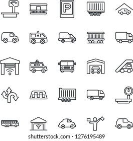 Thin Line Icon Set - dispatcher vector, taxi, airport bus, parking, ladder car, ambulance, route, railroad, truck trailer, delivery, heavy scales, garage, gate control