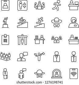 Thin Line Icon Set - dispatcher vector, security gate, elevator, reception, speaking man, pedestal, team, manager place, run, support, speaker, identity card, desk, meeting, career ladder, waiter
