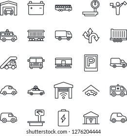 Thin Line Icon Set - dispatcher vector, airport bus, parking, alarm car, ladder, ambulance, route, railroad, truck trailer, delivery, heavy scales, garage, gate control, battery