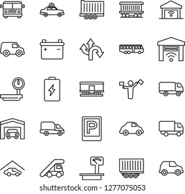 Thin Line Icon Set - dispatcher vector, airport bus, parking, alarm car, ladder, route, railroad, truck trailer, delivery, heavy scales, garage, gate control, battery