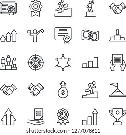 Thin Line Icon Set - dispatcher vector, handshake, growth statistic, pedestal, medal, document, sertificate, bar graph, target, career ladder, police, arrow up, motivation, money bag, cash