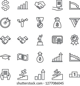 Thin Line Icon Set - dispatcher vector, handshake, growth statistic, dollar sign, pedestal, medal, graduate, money bag, document, bar graph, career ladder, target, pennon, crisis, cash, certificate