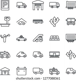Thin Line Icon Set - dispatcher vector, taxi, airport bus, parking, alarm car, ladder, ambulance, route, truck trailer, delivery, heavy scales, railroad, garage, gate control, battery
