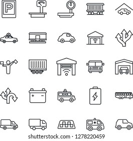 Thin Line Icon Set - dispatcher vector, taxi, airport bus, parking, alarm car, ambulance, route, railroad, truck trailer, delivery, heavy scales, garage, gate control, battery