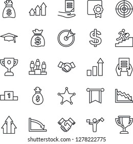 Thin Line Icon Set - dispatcher vector, handshake, growth statistic, dollar sign, pedestal, graduate, money bag, document, sertificate, target, career ladder, police, arrow up graph, pennon, crisis
