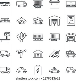 Thin Line Icon Set - dispatcher vector, taxi, airport bus, parking, alarm car, ladder, ambulance, route, railroad, truck trailer, delivery, heavy scales, garage, gate control, battery