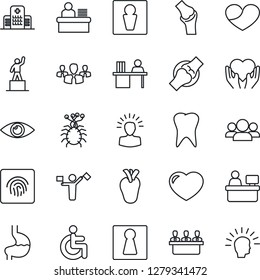 Thin Line Icon Set - Dispatcher Vector, Male, Female, Pedestal, Manager Place, Disabled, Heart Hand, Stomach, Real, Tooth, Eye, Joint, Hospital, Virus, Fingerprint Id, Desk, Meeting, Group