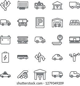 Thin Line Icon Set - dispatcher vector, taxi, airport bus, parking, alarm car, ladder, ambulance, route, railroad, truck trailer, delivery, heavy scales, garage, gate control, battery