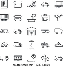 Thin Line Icon Set - dispatcher vector, taxi, airport bus, parking, alarm car, ladder, ambulance, route, railroad, truck trailer, delivery, heavy scales, garage, gate control, battery