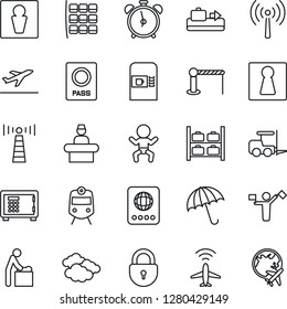 Thin Line Icon Set - dispatcher vector, plane radar, antenna, departure, baggage conveyor, barrier, coffee machine, train, umbrella, alarm clock, male, female, baby, room, reception, passport, safe