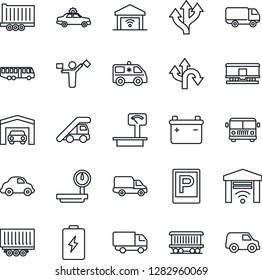 Thin Line Icon Set - dispatcher vector, airport bus, parking, alarm car, ladder, ambulance, route, railroad, truck trailer, delivery, heavy scales, garage, gate control, battery