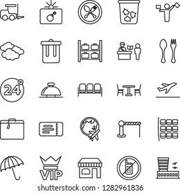 Thin Line Icon Set - dispatcher vector, departure, suitcase, barrier, spoon and fork, cafe, 24 around, passport control, umbrella, no mobile, trash bin, waiting area, vip, ticket, bomb in case, shop