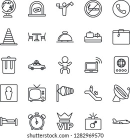 Thin Line Icon Set - dispatcher vector, satellite antenna, suitcase, baggage conveyor, cafe, escalator, alarm clock, phone, no smoking, trash bin, male, tv, vip, car, bomb in case, wireless notebook