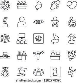 Thin Line Icon Set - dispatcher vector, female, baby, pedestal, brainstorm, meeting, manager place, disabled, heart hand, stomach, eye, joint, virus, user, fingerprint id, desk, company, hierarchy