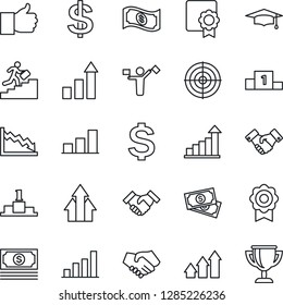Thin Line Icon Set - dispatcher vector, handshake, growth statistic, dollar sign, graduate, cash, finger up, sertificate, bar graph, target, career ladder, arrow, crisis, pedestal, award cup