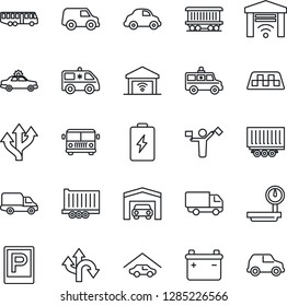 Thin Line Icon Set - dispatcher vector, taxi, airport bus, parking, alarm car, ambulance, route, railroad, truck trailer, delivery, heavy scales, garage, gate control, battery