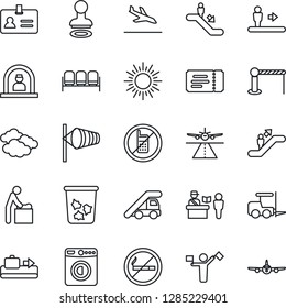 Thin Line Icon Set - dispatcher vector, runway, arrival, baggage conveyor, barrier, passport control, escalator, no mobile, smoking, trash bin, waiting area, ticket, baby room, reception, identity