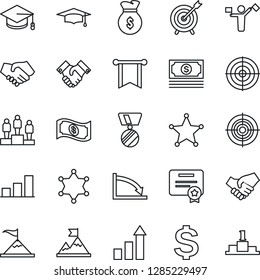 Thin Line Icon Set - dispatcher vector, growth statistic, dollar sign, pedestal, medal, graduate, cash, bar graph, target, handshake, police, motivation, money bag, pennon, crisis, certificate