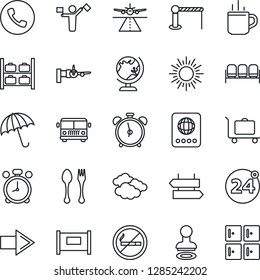 Thin Line Icon Set - dispatcher vector, runway, fence, baggage trolley, airport bus, barrier, hot cup, spoon and fork, 24 around, umbrella, alarm clock, phone, no smoking, signpost, waiting area