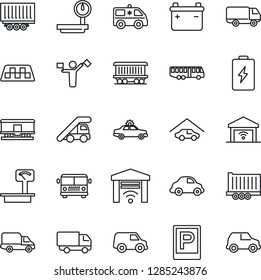 Thin Line Icon Set - dispatcher vector, taxi, airport bus, parking, alarm car, ladder, ambulance, railroad, truck trailer, delivery, heavy scales, garage, gate control, battery