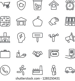 Thin Line Icon Set - dispatcher vector, alarm clock, phone, trash bin, handshake, case, brainstorm, document, wheelbarrow, glove, plant label, pumpkin, run, sea shipping, warehouse storage, manager
