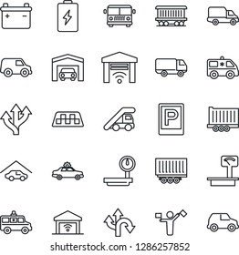 Thin Line Icon Set - dispatcher vector, taxi, airport bus, parking, alarm car, ladder, ambulance, route, railroad, truck trailer, delivery, heavy scales, garage, gate control, battery