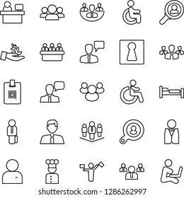 Thin Line Icon Set - dispatcher vector, female, disabled, bed, speaking man, team, meeting, manager place, speaker, group, user, company, identity card, client search, estate agent, waiter, cook