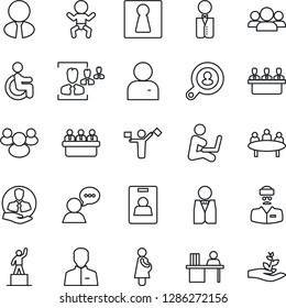 Thin Line Icon Set - dispatcher vector, female, baby, pedestal, meeting, disabled, doctor, pregnancy, client, speaker, group, user, identity card, hr, manager desk, search, estate agent, waiter