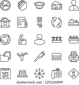 Thin Line Icon Set - dispatcher vector, baggage conveyor, no smoking, baby room, hierarchy, pen, meeting, house, seedling, patient, folder document, hook, shield, camera, network, update, user, news