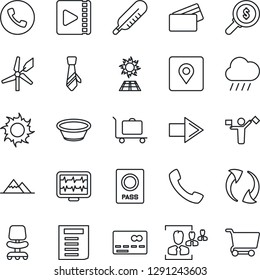 Thin Line Icon Set - dispatcher vector, baggage trolley, phone, credit card, passport, right arrow, office chair, document, sun, rain, monitor pulse, thermometer, call, update, place tag, video, hr