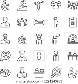 Thin Line Icon Set - dispatcher vector, male, reception, bed, speaking man, team, manager place, disabled, doctor, pregnancy, group, user, company, identity card, desk, meeting, career ladder, cook