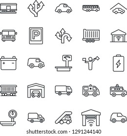 Thin Line Icon Set - dispatcher vector, airport bus, parking, ladder car, ambulance, route, railroad, truck trailer, delivery, heavy scales, garage, gate control, battery