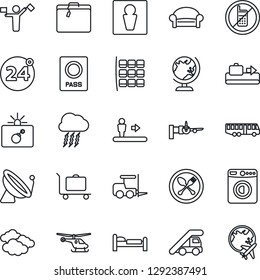 Thin Line Icon Set - dispatcher vector, satellite antenna, suitcase, baggage conveyor, trolley, airport bus, spoon and fork, 24 around, escalator, no mobile, male, waiting area, bomb in case, globe