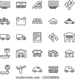 Thin Line Icon Set - dispatcher vector, taxi, airport bus, parking, alarm car, ladder, ambulance, route, railroad, truck trailer, delivery, heavy scales, garage, gate control, battery