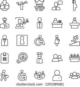 Thin Line Icon Set - dispatcher vector, female, vip, disabled, reception, meeting, doctor, pregnancy, client, speaker, group, user, company, identity card, hr, manager desk, career ladder, waiter