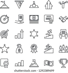 Thin Line Icon Set - dispatcher vector, handshake, growth statistic, pedestal, medal, money bag, document, sertificate, bar graph, career ladder, police, target, arrow up, motivation, pennon, cash