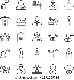 Thin Line Icon Set - dispatcher vector, passport control, security gate, reception, manager, speaking man, team, place, doctor, support, speaker, identity card, desk, meeting, estate agent, waiter